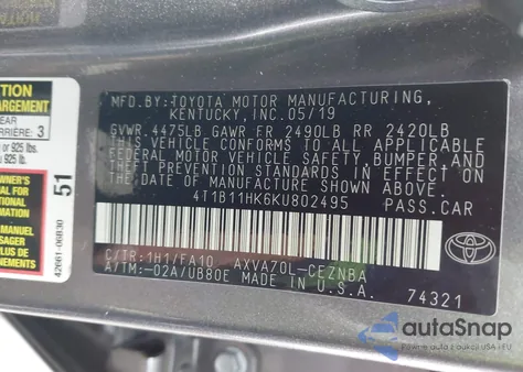 2019 Toyota Camry Le из США, поврежденный, VIN 4T1B11HK6KU802495